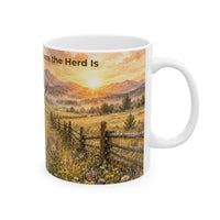 Load image into Gallery viewer, Highland Cow Mug – Home Is Where the Herd Is Ceramic Mug, 11 oz &amp; 15 oz, Rustic Farmhouse Kitchen Decor