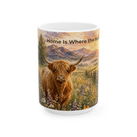 Load image into Gallery viewer, Highland Cow Mug – Home Is Where the Herd Is Ceramic Mug, 11 oz &amp; 15 oz, Rustic Farmhouse Kitchen Decor