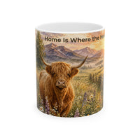 Load image into Gallery viewer, Highland Cow Mug – Home Is Where the Herd Is Ceramic Mug, 11 oz &amp; 15 oz, Rustic Farmhouse Kitchen Decor