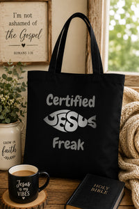 Load image into Gallery viewer, Christian, Certified Jesus Freak, fish design, God Lover, Believer's tote bag, funny, tote bag, front and back print, from JL; JL - 131