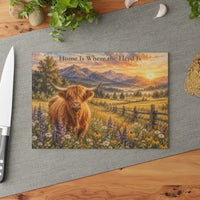 Load image into Gallery viewer, Highland Cow Cutting Board – Home Is Where the Herd Is Glass Cutting Board, Rustic Farmhouse Kitchen Decor