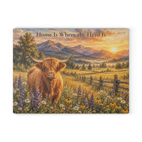 Load image into Gallery viewer, Highland Cow Cutting Board – Home Is Where the Herd Is Glass Cutting Board, Rustic Farmhouse Kitchen Decor