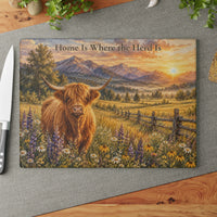 Load image into Gallery viewer, Highland Cow Cutting Board – Home Is Where the Herd Is Glass Cutting Board, Rustic Farmhouse Kitchen Decor
