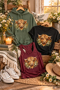 Load image into Gallery viewer, Golden Dawn Highland Cow Floral T-Shirt, Hoodie &amp; Tank Top
