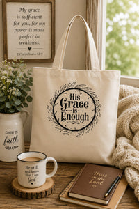 Load image into Gallery viewer, Christian, His Grace is Enough, twig wreath, Scripture, Believer tote bag, tote bag, front and back print, from JL; JL - 116