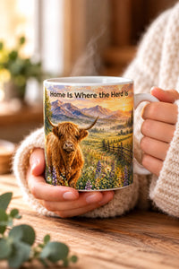 Load image into Gallery viewer, Highland Cow Mug – Home Is Where the Herd Is Ceramic Mug, 11 oz &amp; 15 oz, Rustic Farmhouse Kitchen Decor