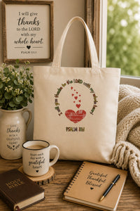 Load image into Gallery viewer, Christian, I will give thanks to the LORD with my whole heart, heart, Psalm 111:1, Scripture, Believer's tote bag, tote bag, front and back print, from JL; JL - 121