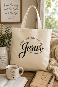 Load image into Gallery viewer, Christian, The Way - The Truth - The Life - Jesus, heart, Scripture, Believer's tote bag, tote bag, front and back print, from JL; JL - 119