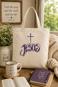 Load image into Gallery viewer, Christian, Jesus and the Cross, purple design, Believer's tote bag, tote bag, front and back print,  from JL; JL - 129
