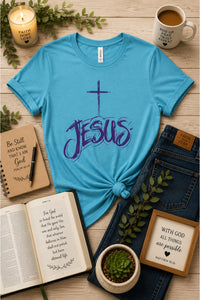Load image into Gallery viewer, Christian, Jesus and the Cross, purple design, Believer's top, women's clothing, women's top, shirt / hoodie / tank top, from JL; JL - 128