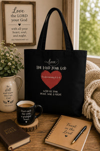 Load image into Gallery viewer, Christian, Love The LORD YOUR GOD, heart, Deuteronomy 6:5-6, Scripture, Believer's tote bag, tote bag, front and back print,  from JL; JL - 125