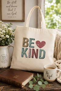 Load image into Gallery viewer, Be Kind Distressed Heart Christian Tote Bag | Faith-Inspired Women’s Accessories