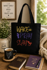 Load image into Gallery viewer, Christian, Wake Pray Slay, sunrise, praying, dragon, Believer's tote bag, tote bag, front and back printing, from JL; JL - 137