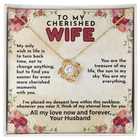 Load image into Gallery viewer, To My Cherished WIFE love knot necklace, infused with love, Mother&#39;s Day, birthday, anniversary, Valentine&#39;s Day, perfect meaningful jewelry gift, romantic gift, heartfelt love, jewelry, yellow &amp; white gold; from JL; JL - 143
