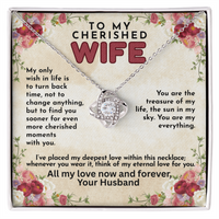 Load image into Gallery viewer, To My Cherished WIFE love knot necklace, infused with love, Mother&#39;s Day, birthday, anniversary, Valentine&#39;s Day, perfect meaningful jewelry gift, romantic gift, heartfelt love, jewelry, yellow &amp; white gold; from JL; JL - 143
