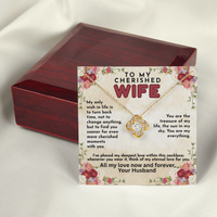 Load image into Gallery viewer, To My Cherished WIFE love knot necklace, infused with love, Mother&#39;s Day, birthday, anniversary, Valentine&#39;s Day, perfect meaningful jewelry gift, romantic gift, heartfelt love, jewelry, yellow &amp; white gold; from JL; JL - 143
