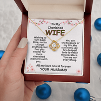 Load image into Gallery viewer, To My Cherished WIFE, cherished moments, treasure, Love Knot Necklace, Mother&#39;s Day, birthday, anniversary, Valentine&#39;s Day, perfect meaningful jewelry gift, romantic gift, heartfelt love, keepsake, jewelry, yellow &amp; white gold; from JL; JL - 162
