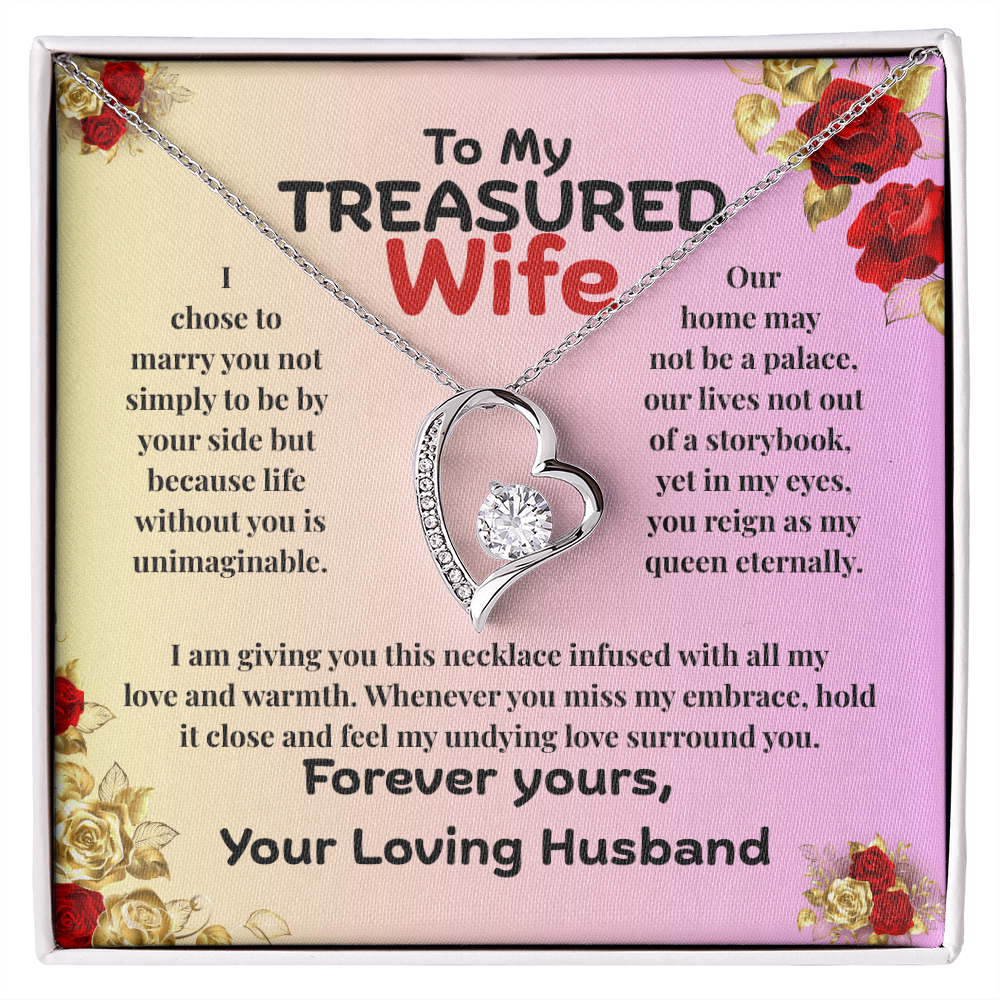To My Treasured Wife heart necklace; Mother's Day, birthday, anniversary, Valentine's Day, romantic gift, heartfelt love, jewelry, yellow & white gold; from JL; JL - 141