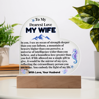 Load image into Gallery viewer, To My Dearest Love MY WIFE, ocean, mountain, bravery, intelligence, love, Mother&#39;s Day, Birthday, Anniversary, perfect gift, Printed Heart Acrylic Plaque, LED base with 7 vibrant colors; JL - 149

